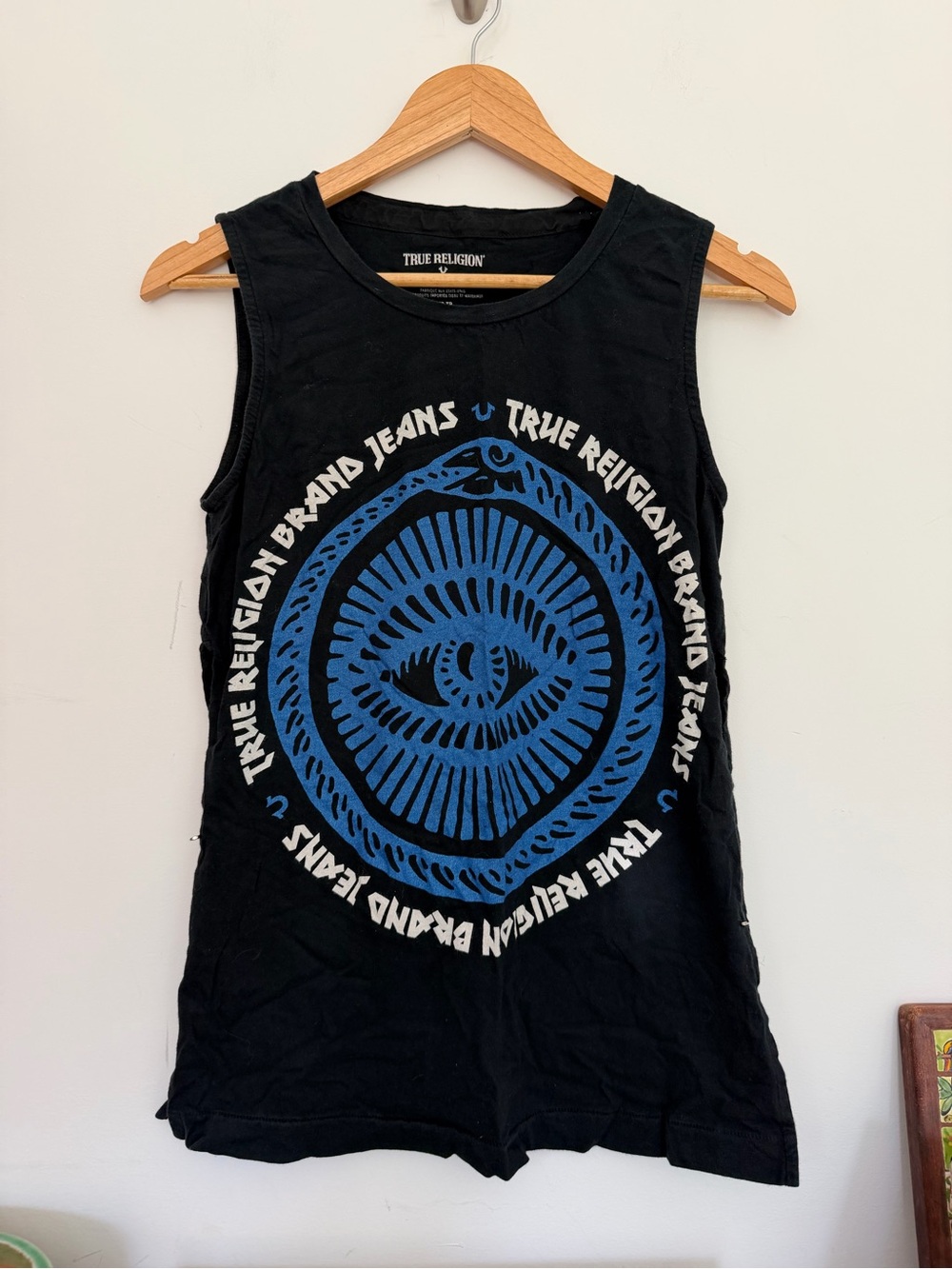 True Religion Black Tank with Bold Blue Graphic Eye Motif w Side Slits & Pins XS